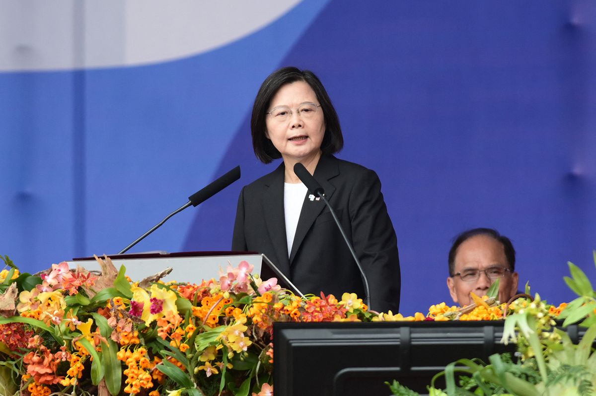 Taiwan President Tsai Ing-wen speaks during the national day in front of the Presidential Office in Taipei on October 10, 2023. (Photo by Sam Yeh / AFP)