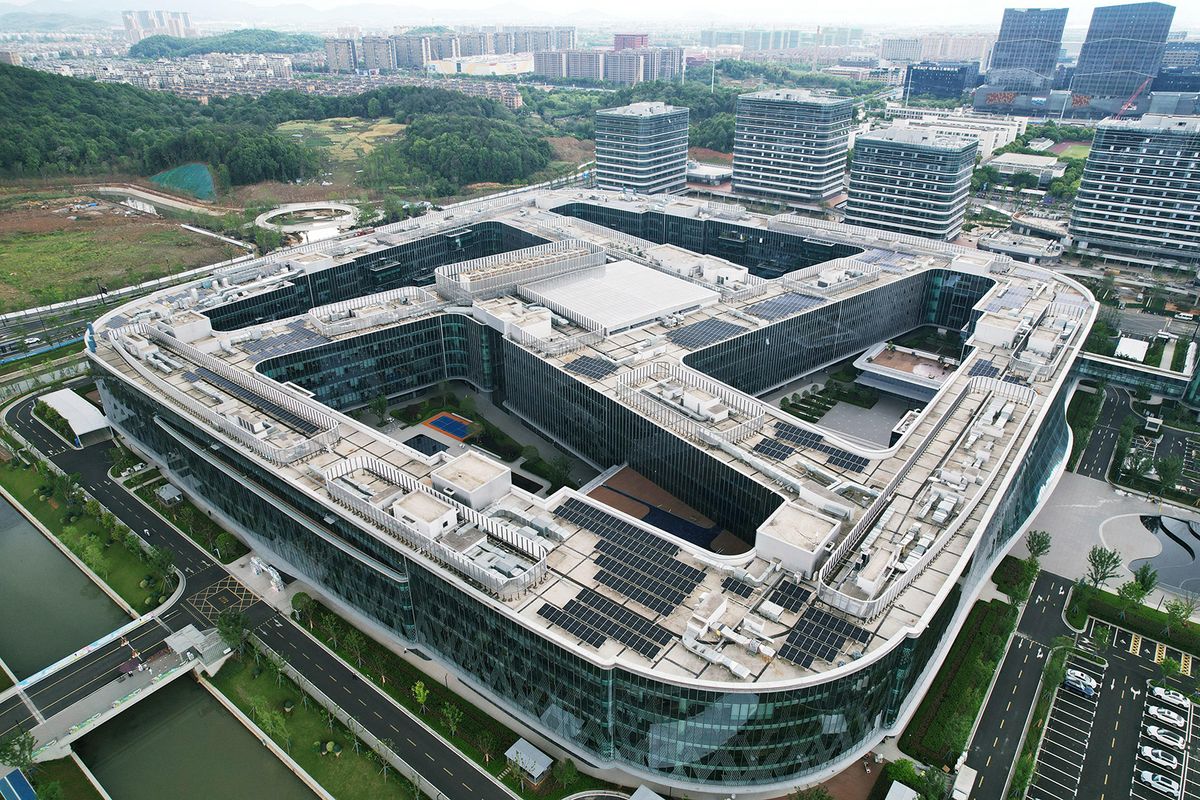 Aerial photo shows the Cainiao Network Global Headquarters in Hangzhou City, east China's Zhejiang Province, 10 May, 2023. (Photo by Long Wei / ImagineChina / Imaginechina via AFP)