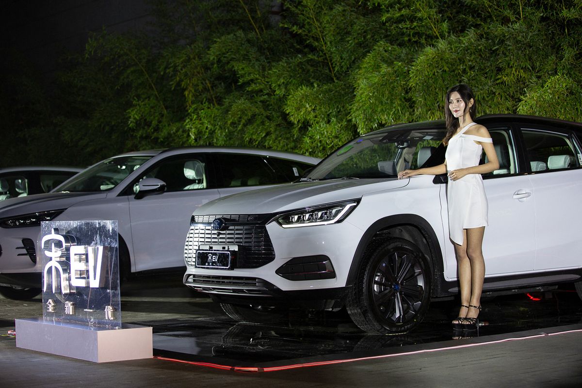 A press conference is held to release BYD New Song EV500 version cars in Xi'an city, northwest China's Shaanxi province, 17 September 2018.BYD New Song EV500 version cars were released during a press conference in Xi'an city, northwest China's Shaanxi province, on Monday (17 September 2018). The price is from 189,900 to 219,900 yuan ($27,750 to $32,130). (Photo by Tian ye / Imaginechina / Imaginechina via AFP)