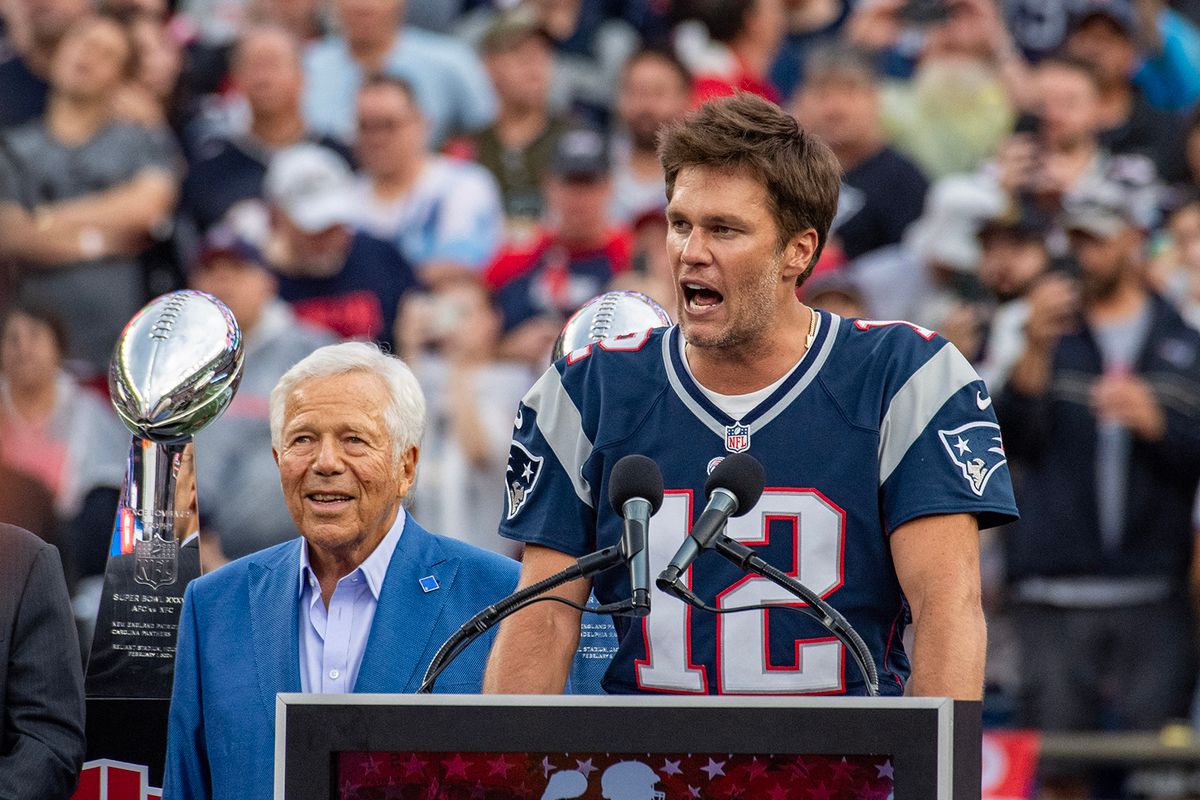 Tom Brady speaks to fans during a “Thank You” celebration honoring the former New England Patriots’ quarterback during half time of the home opening game for the New England Patriots on September 10, 2023 in Foxborough, Massachusetts. Brady played for 20 seasons with the New England Patriots. (Photo by Joseph Prezioso / AFP)