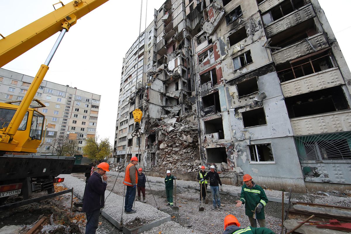 Northern Saltivka in Kharkiv, Ukraine
KHARKIV, UKRAINE - NOVEMBER 1, 2023 - Preparations for the demolition of a residential building that was damaged the most in the shelling of Russian troops are underway in the Northern Saltivka neighbourhood, Kharkiv, northeastern Ukraine.NO USE RUSSIA. NO USE BELARUS. (Photo by Ukrinform/NurPhoto) (Photo by Vyacheslav Madiyevskyy / NurPhoto / NurPhoto via AFP)