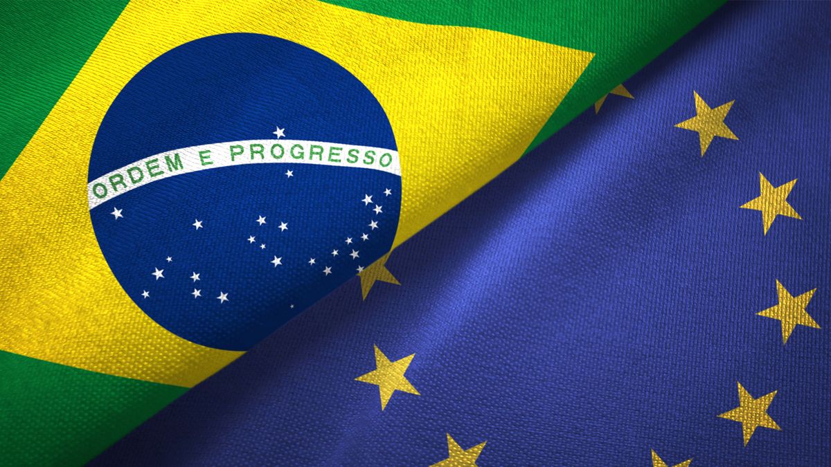 European Union and Brazil two flags together realations textile cloth fabric texture