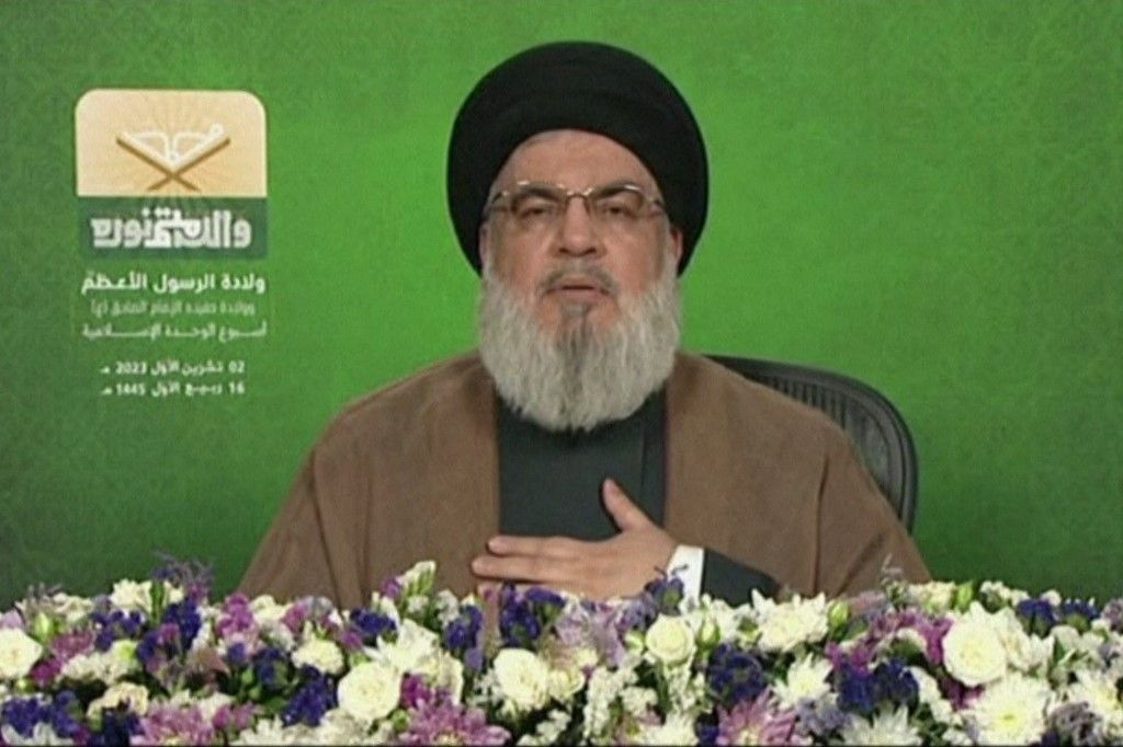 An image grab from Hezbollah's al-Manar TV on October 2, 2023, shows the head of the Lebanese Shiite movement Hezbollah Hassan Nasrallah delivering a televised to commemorate the birth anniversary of Islam's Prophet Mohammad. The chief of the Iran-backed Hezbollah said that the group would cooperate with Lebanese authorities should they engage in US-mediated border talks with enemy Israel -- if it helps "liberate" land. (Photo by Al-Manar / AFP) / RESTRICTED TO EDITORIAL USE - MANDATORY CREDIT "AFP PHOTO / HO / AL-MANAR" - NO MARKETING NO ADVERTISING CAMPAIGNS - NO RESALE- DISTRIBUTED AS A SERVICE TO CLIENTS