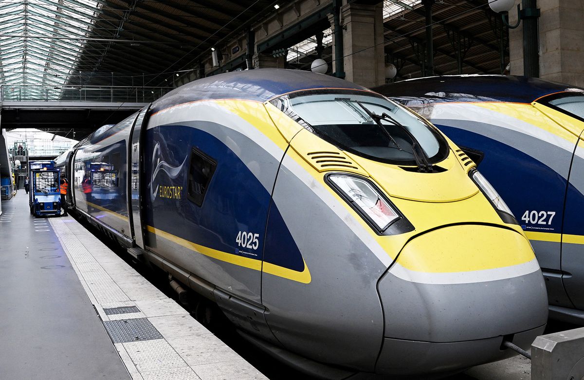 A Eurostar train is parked at a platform of the Paris' Gare du Nord station on August 3, 2023. (Photo by Stefano RELLANDINI / AFP)