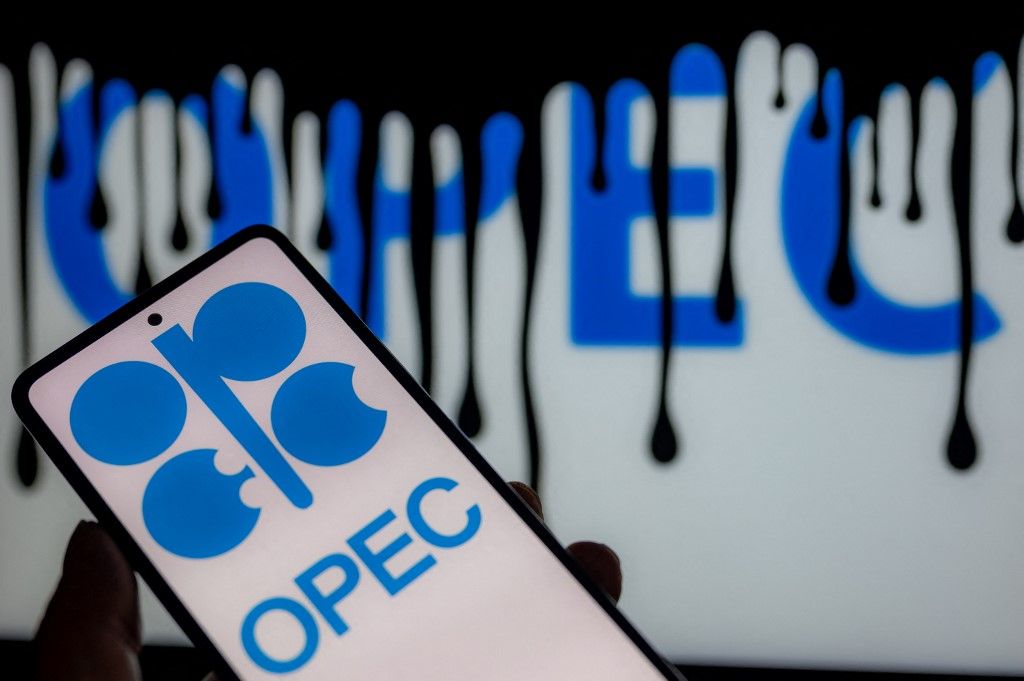 Opec Photo IllustrationOpec logo displayed on a smart phone with Opec  seen in the background, in this photo illustration. On 10 September 2023. In Brussels, Belgium.  (Photo illustration by Jonathan Raa/NurPhoto) (Photo by Jonathan Raa / NurPhoto / NurPhoto via AFP)