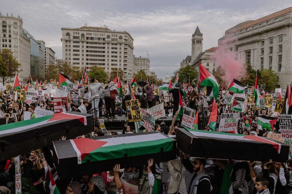 Demonstration in solidarity with Palestinians in Washington11/04/2023 Washington DC, USA. People carry mock coffins covered with the Palestinian flag during a demonstration of solidarity with Palestinians.
Demonstrators gathered in Freedom Plaza for a rally supporting Palestinians in Washington, DC, on November 4, 2023. The rally came in the wake of a tragic conflict that began on October 7, 2023, when Palestinian Hamas militants from the Gaza Strip launched a surprise attack in southern Israel, resulting in thousands of casualties, both Israeli and Palestinian. This escalation led Israel to declare war on Hamas in Gaza the following day. (Photo by Ali Khaligh / Middle East Images / Middle East Images via AFP)