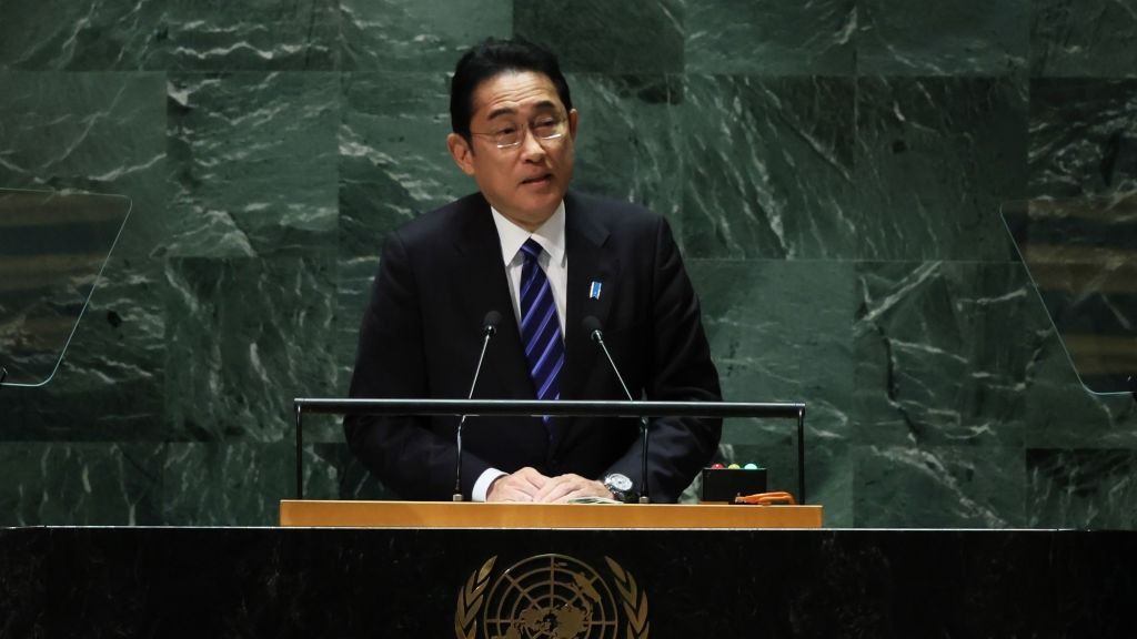 World Leaders Gather In New York For The United Nations General AssemblyNEW YORK, NEW YORK - SEPTEMBER 19: Japanese Prime Minister Kishida Fumio speaks during the United Nations General Assembly (UNGA) at the United Nations headquarters on September 19, 2023 in New York City. Heads of states and governments from at least 145 countries are gathered for the 78th UNGA session amid the ongoing war in Ukraine and natural disasters such as earthquakes, floods and fires around the globe. (Photo by Michael M. Santiago/Getty Images)