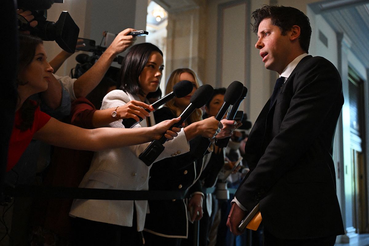 Sam Altman, CEO of OpenAI, speaks to reporters as he arrives for a US Senate bipartisan Artificial Intelligence (AI) Insight Forum at the US Capitol in Washington, DC, on September 13, 2023. (Photo by ANDREW CABALLERO-REYNOLDS / AFP)