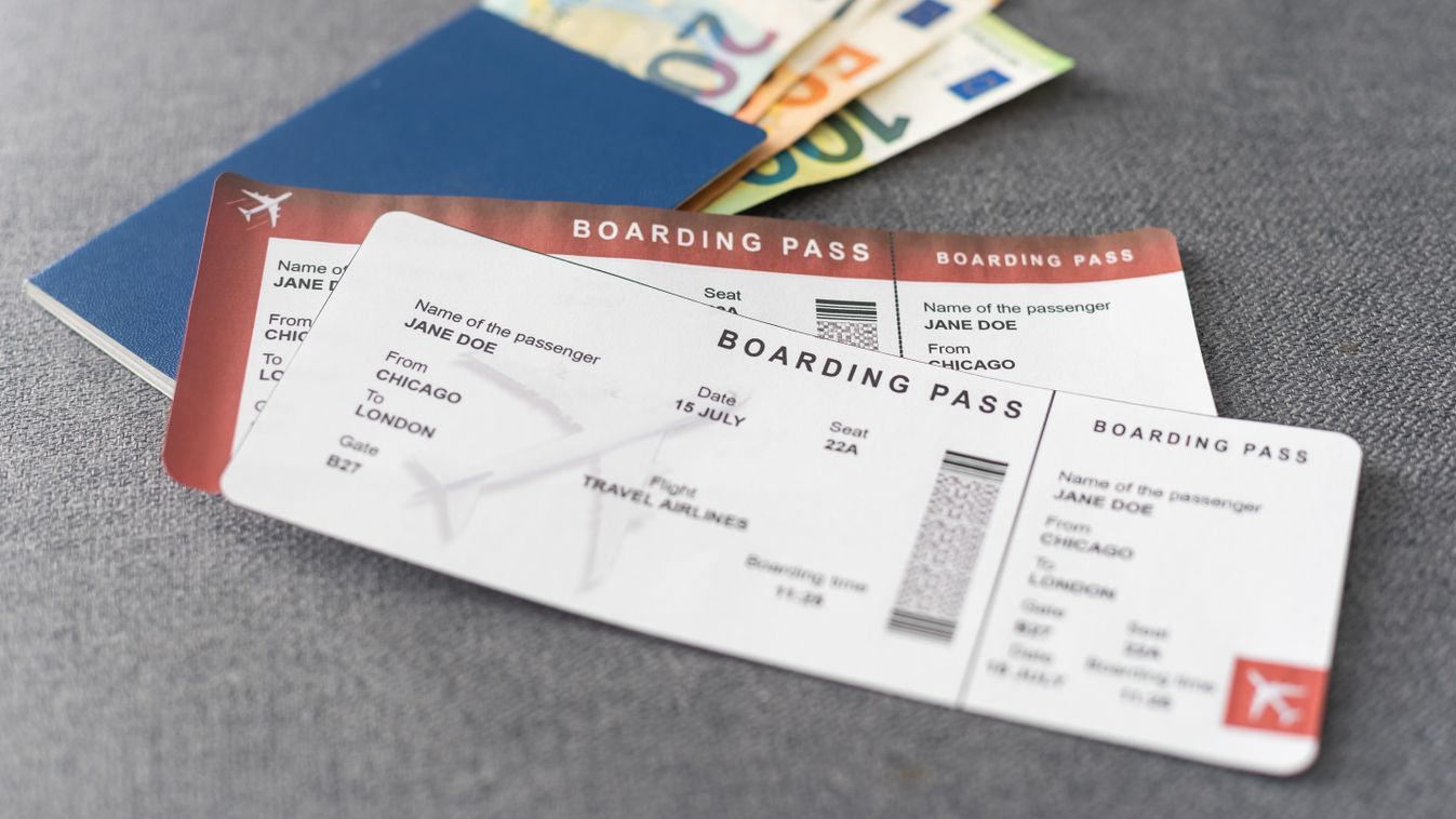 Two,Blue,Passports,,Green,Boarding,Pass,,Flight,Tickets,Gray,Background