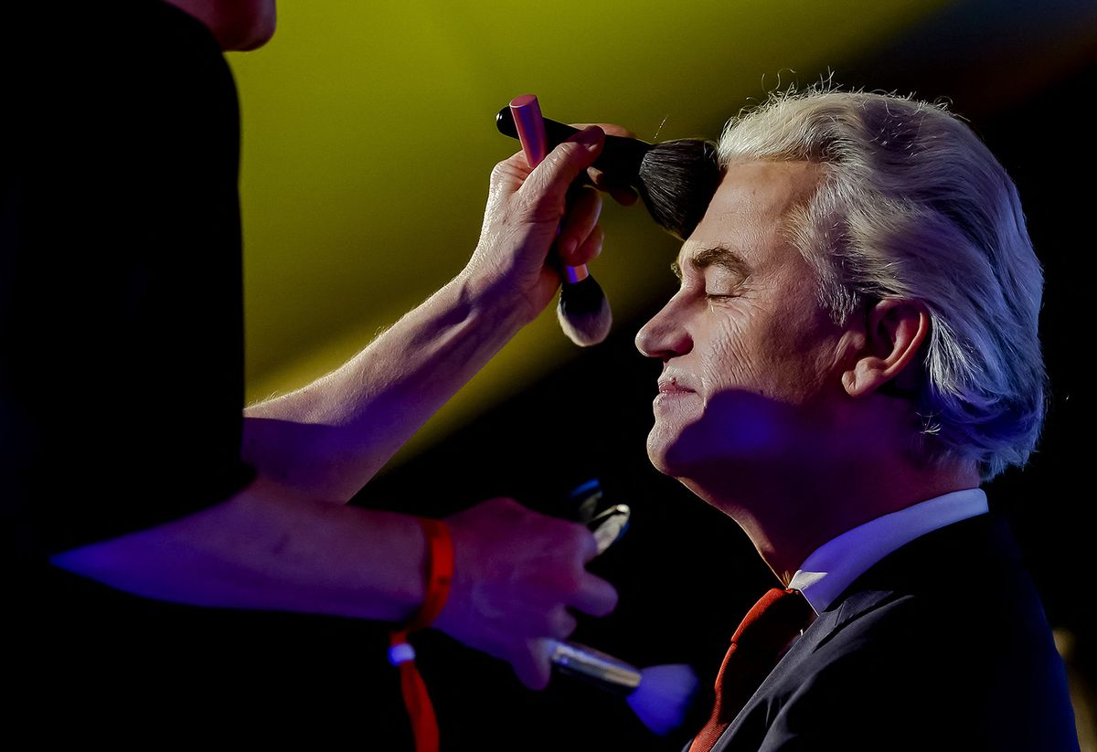 THE HAGUE - Geert Wilders (PVV) during the final debate of the NOS, a day before the House of Representatives elections. ANP REMKO DE WAAL netherlands out - belgium out (Photo by REMKO DE WAAL / ANP MAG / ANP via AFP)