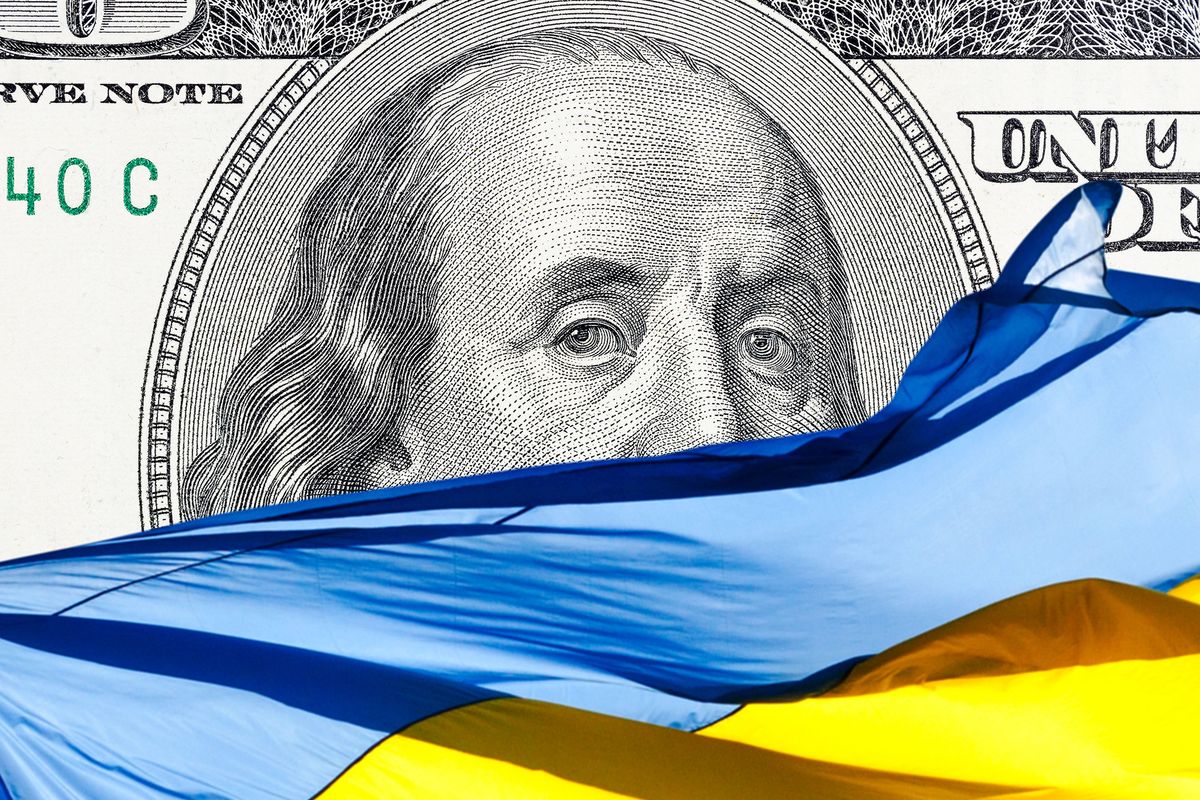 ukrainian national flag on foreground and US one hundred dollars paper currency on background. ukraine investment conceptukrainian national flag on foreground and US one hundred dollars paper currency on background. ukraine investment concept.