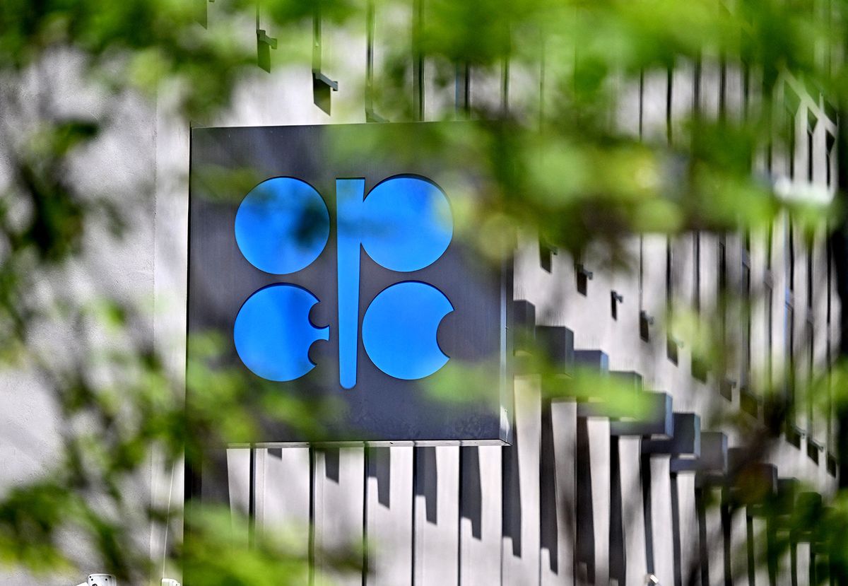 The logo of the Organization of Petroleum Exporting Countries (OPEC) is seen at its headquarters in Vienna on June 3, 2023. (Photo by JOE KLAMAR / AFP)