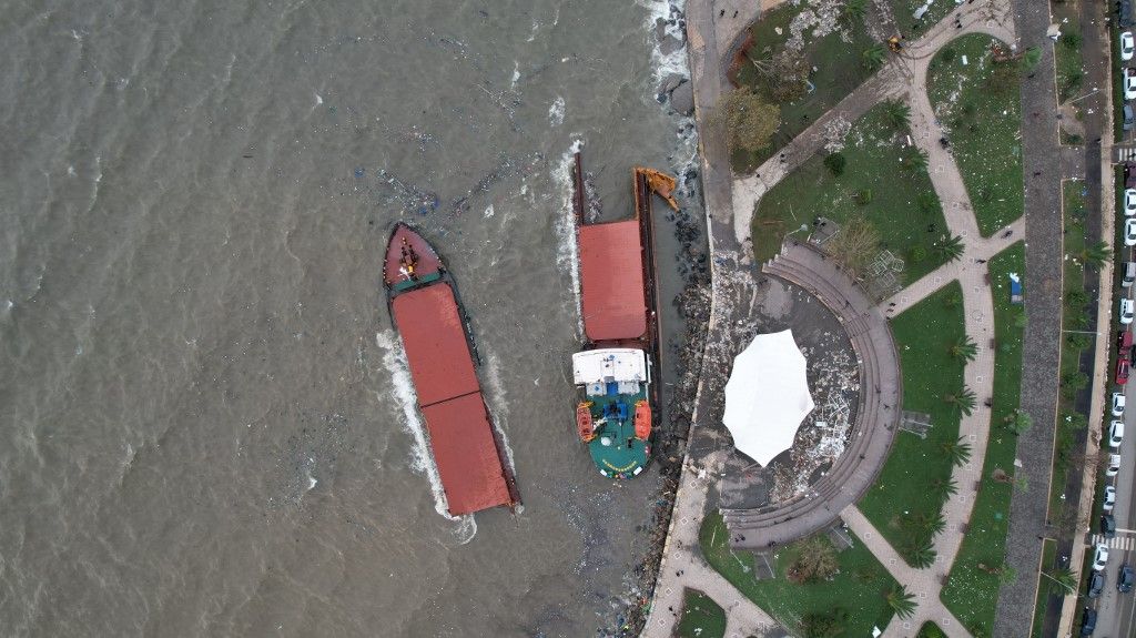 Storm in Turkiye's Zonguldak splits a cargo ship in twoZONGULDAK, TURKIYE - NOVEMBER 20: An aerial view of the stranded cargo ship that drifted due to the storm in Eregli district of Zonguldak, Turkiye on November 20, 2023. The Panama-flagged cargo ship was split in two due to the storm that was effective in the region. Omer Urer / Anadolu (Photo by Omer Urer / ANADOLU / Anadolu via AFP)