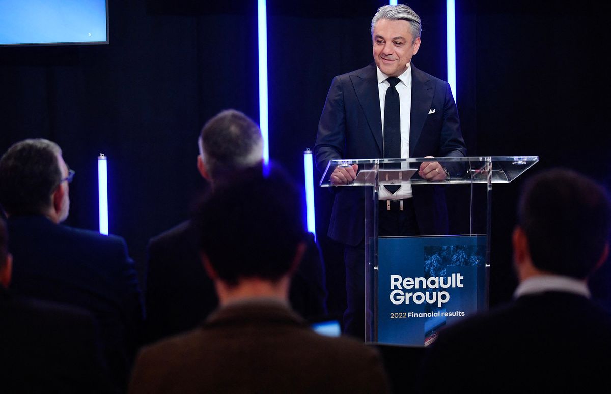 Renault Group's Chief Executive Luca De Meo presents the group's 2022 annual results at Renault's headquarters in Boulogne-Billancourt, west of Paris on February 16, 2023. (Photo by JULIEN DE ROSA / AFP)