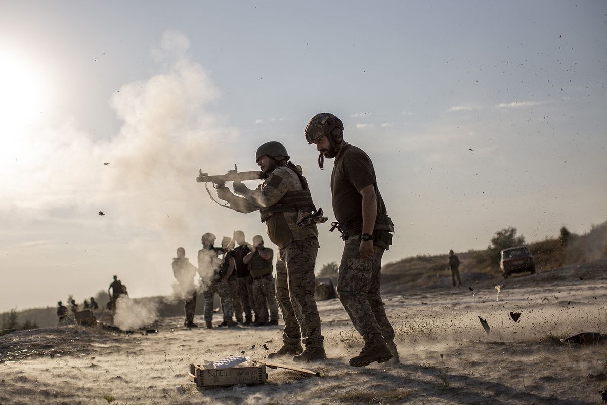 DONETSK OBLAST, UKRAINE, SEPTEMBER 21: Soldiers from 57th Brigade of Ukrainian Army shoot an shoulder-grenade-launcher (RPG) during the military training at a shooting range in an undisclosed location behind the front line as the war between Russia and Ukraine continues in Donbas region, Donetsk Oblast, Ukraine on September 21, 2023. Narciso Contreras / Anadolu Agency (Photo by Narciso Contreras / ANADOLU AGENCY / Anadolu via AFP)