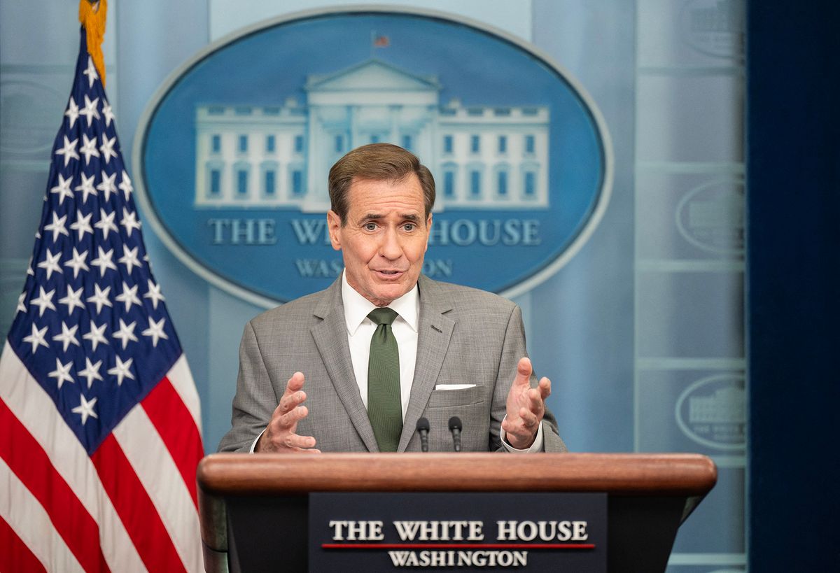 National Security Council Coordinator for Strategic Communications John Kirby speaks during the daily briefing in the Brady Briefing Room of the White House in Washington, DC, on November 8, 2023. (Photo by ANDREW CABALLERO-REYNOLDS / AFP)