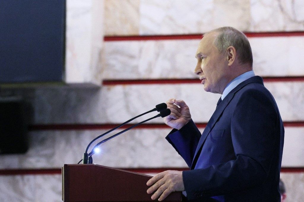 In this pool photograph distributed by Sputnik agency, Russia's President Vladimir Putin addresses new members of the Russian Civic Chamber in Moscow on November 3, 2023. (Photo by Gavriil GRIGOROV / POOL / AFP)