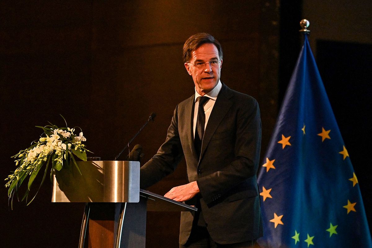 Netherlands' Prime Minister Mark Rutte speaks on stade during the Green Economy Forum at the Marriott Hotel in Hanoi on November 2, 2023. (Photo by Nhac NGUYEN / AFP)
