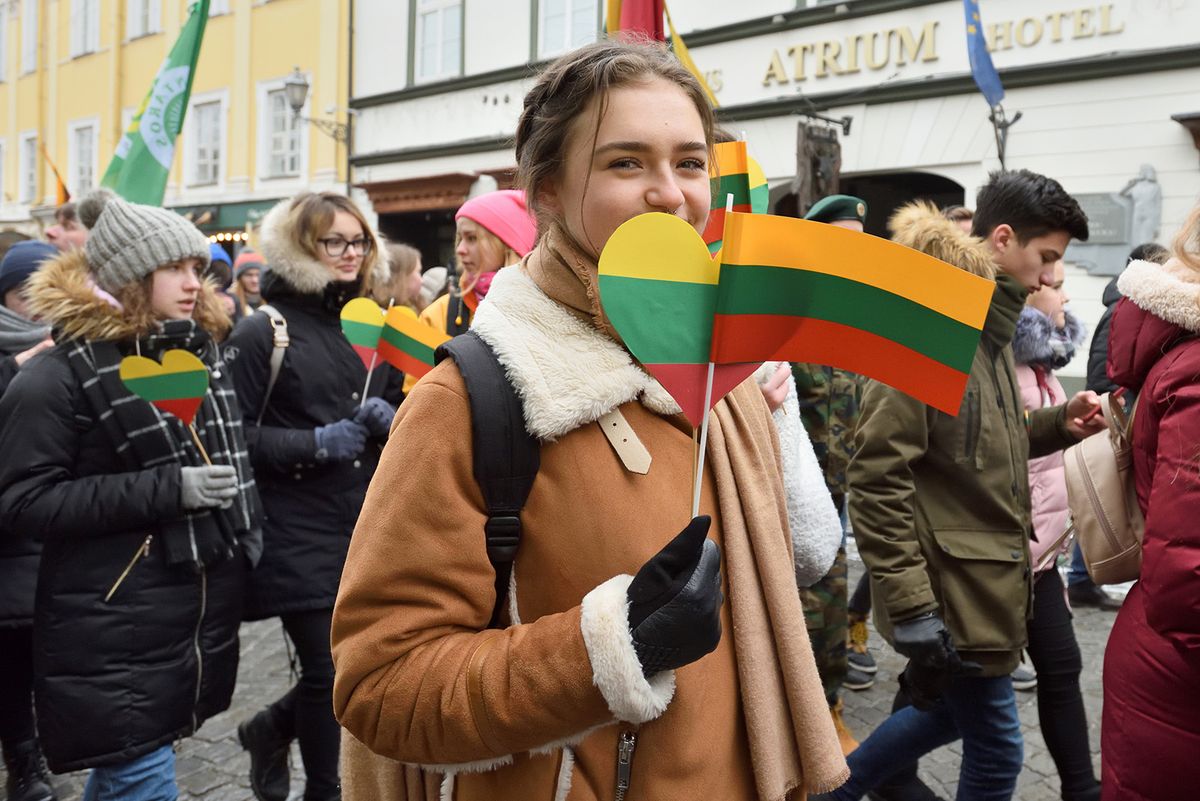 Vilnius,,Lithuania,-,February,16:,Unidentified,People,Gathered,With,Flags
