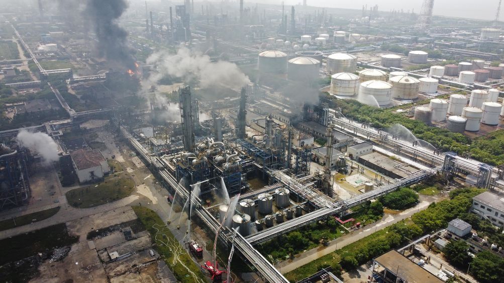 One Killed In Sinopec Shanghai Petrochemical Plant FireSHANGHAI, CHINA - JUNE 18: Aerial view of firefighters battling a fire at the ethylene glycol plant of the chemical department of Sinopec Shanghai Petrochemical Co., Ltd in Jinshan district on June 18, 2022 in Shanghai, China. A fire broke out at the petrochemical enterprise at 4:28 a.m. on Saturday, killing one person. (Photo by Yin Liqin/China News Service via Getty Images)DCIM\100MEDIA\DJI_0067.JPG