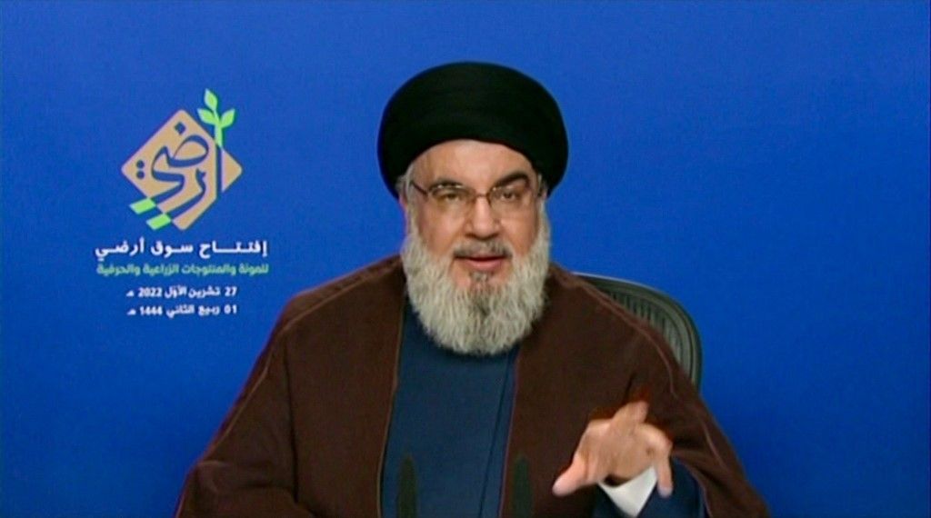 An image grab from Hezbollah's al-Manar TV on October 27, 2022, shows the head of the Lebanese Shiite movement Hezbollah Hassan Nasrallah delivering a televised speech. Lebanese armed group Hezbollah will end an "exceptional" mobilisation against Israel after threatening to attack for months, its leader Hassan Nasrallah said Thursday after Lebanon and Israel struck a maritime border deal. (Photo by Al-Manar / AFP) / RESTRICTED TO EDITORIAL USE - MANDATORY CREDIT "AFP PHOTO / HO / AL-MANAR" - NO MARKETING NO ADVERTISING CAMPAIGNS - NO RESALE- DISTRIBUTED AS A SERVICE TO CLIENTS