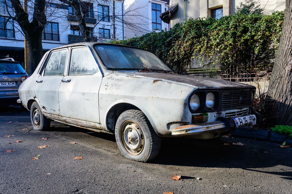 Bucharest,,Romania,,31,December,Old,Abandoned,Rusted,White,Dacia,Car