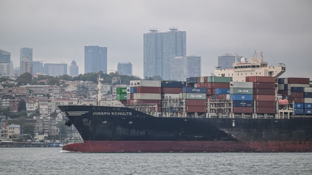 Container ship which set sail from Ukraine’s Odesa port reaches Istanbul StraitISTANBUL, TURKIYE - AUGUST 18: A container ship, named Joseph Schulte, which set sail from Ukraine's Odesa port earlier this week, reaches the Bosphorus in Istanbul, Turkiye on August 18, 2023. The Hong Kong-flagged ship entered the Bosphorus through the Black Sea at 06.10 a.m. local time (0310GMT). The container-laden ship will anchor at Istanbul's Ambarli port. On July 17, Russia suspended its participation in the Black Sea grain deal, which it signed last July along with Turkiye, the UN, and Ukraine to resume grain exports from three Ukrainian Black Sea ports paused after the Russia-Ukraine war began in February. Murat Sengul / Anadolu Agency (Photo by Murat Sengul / ANADOLU AGENCY / Anadolu via AFP)