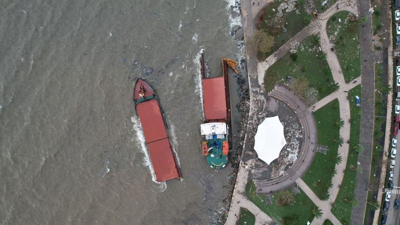 Storm in Turkiye's Zonguldak splits a cargo ship in twoZONGULDAK, TURKIYE - NOVEMBER 20: An aerial view of the stranded cargo ship that drifted due to the storm in Eregli district of Zonguldak, Turkiye on November 20, 2023. The Panama-flagged cargo ship was split in two due to the storm that was effective in the region. Omer Urer / Anadolu (Photo by Omer Urer / ANADOLU / Anadolu via AFP)