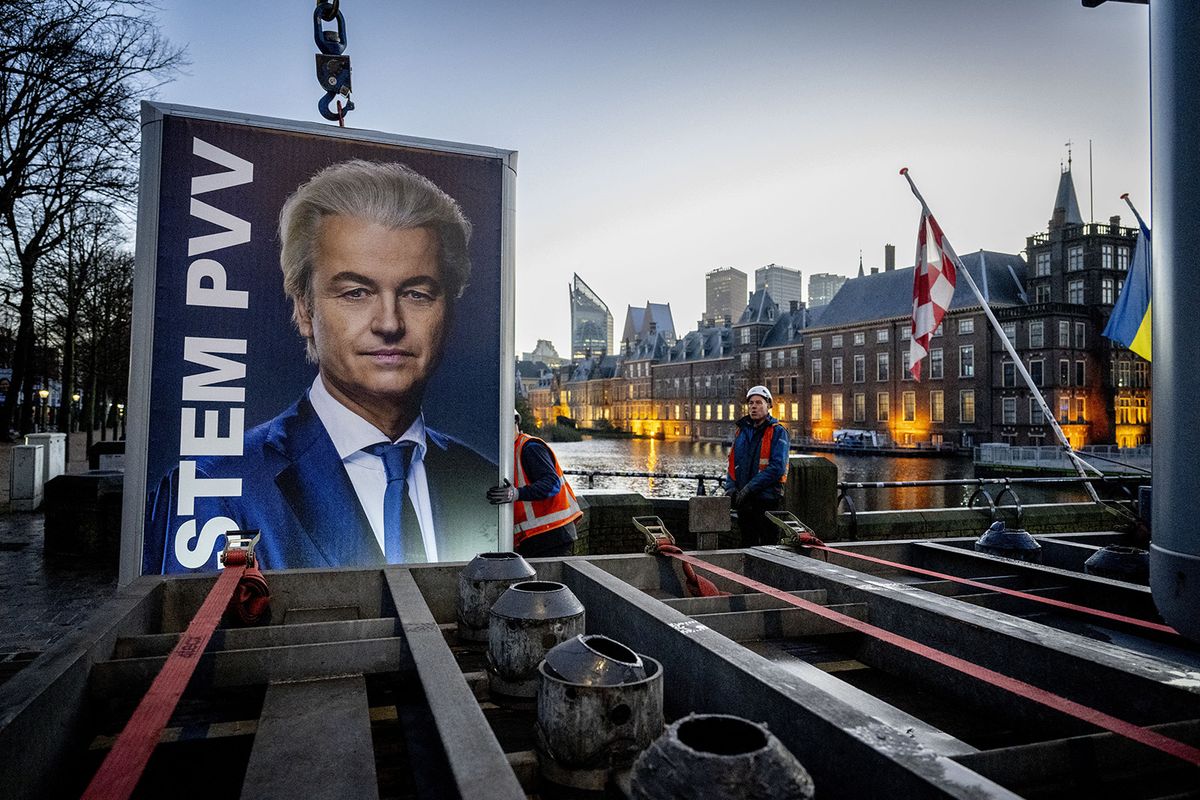 THE HAGUE - Geert Wilders PVV election signs at the Binnenhof, a day after the House of Representatives elections. ANP ROBIN UTRECHT netherlands out - belgium out (Photo by ROBIN UTRECHT / ANP MAG / ANP via AFP)