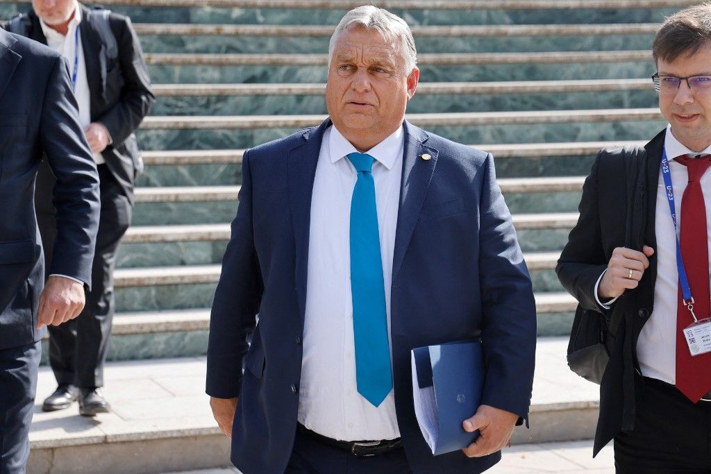 Hungary's Prime Minister Viktor Orban leaves after a European Council Informal Meeting at the Palacio de Congreso in Granada, southern Spain on October 6, 2023. Leaders of the EU's 27 nations were to tackle the bitterly divisive question of migration at a summit in Spain today, two days after agreeing a reform package staunchly opposed by Warsaw and Budapest. (Photo by Ludovic MARIN / AFP)