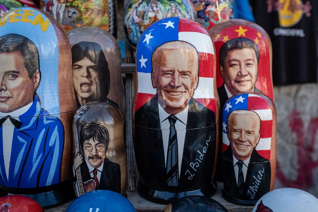 Everyday Life In Kyiv As Foreign Powers Negotiate Over Ukraine's FateKYIV, UKRAINE - FEBRUARY 04: Russian nesting dolls of U.S President Joe Biden and Chinese leader Xi Jinping are seen at a souvenir stand on February 04, 2022 in Kyiv, Ukraine. International fears of an imminent Russian military invasion of Ukraine continue to remain high as Russian troops mass along the Russian-Ukrainian border and weeks of diplomatic talks continue to stall.   (Photo by Chris McGrath/Getty Images)