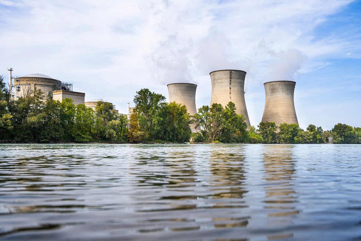 France, La Balme Les Grottes, 2023-09-30. Bugey nuclear power plant with the Rhone river in the foreground, seen from the Isere side. The Bugey nuclear power plant is located in the commune of Saint-Vulbas (Ain), on the south-western edge of the Bugey region. Photograph by Antoine Boureau / Hans LucasFrance, La Balme Les Grottes, 2023-09-30. Centrale nucleaire du Bugey avec le fleuve Rhone au premier plan vu du cote de l Isere. La centrale nucleaire du Bugey est implantee sur la commune de Saint-Vulbas (Ain), en limite sud-ouest du Bugey. Photographie par Antoine Boureau / Hans Lucas (Photo by Antoine Boureau / Hans Lucas / Hans Lucas via AFP)