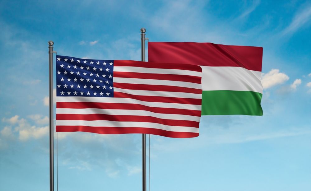 Hungary,Flag,And,Usa,Flag,Waving,Together,On,Blue,Sky,