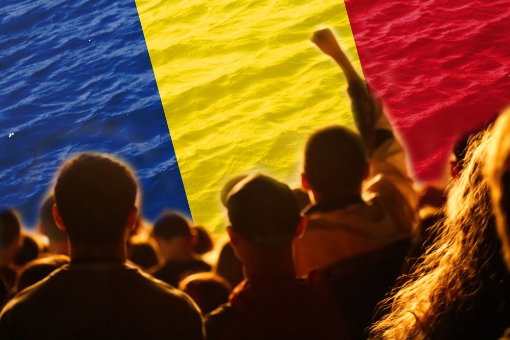 Defocus,Romanian,Football,Team.,Supporters,On,Stadium.,Romania,Flag,And
