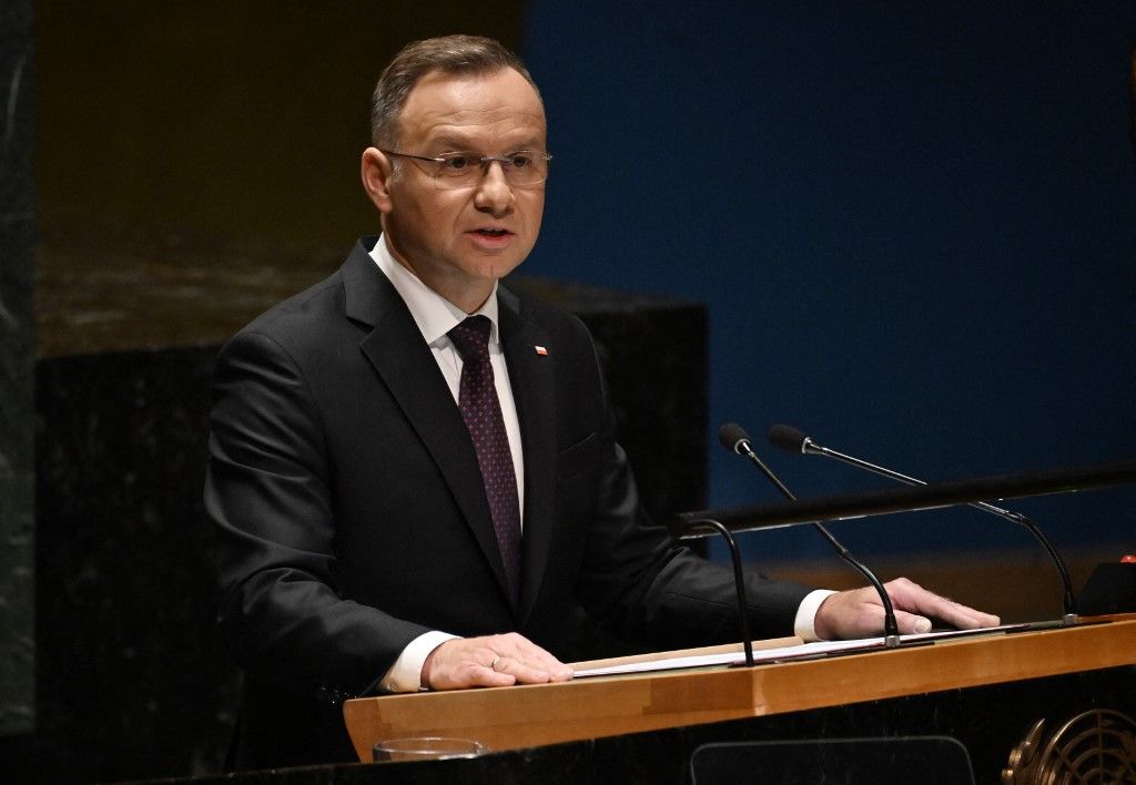 Polish President Andrzej Duda addresses the 78th United Nations General Assembly at UN headquarters in New York City on September 19, 2023. (Photo by Ed JONES / AFP)