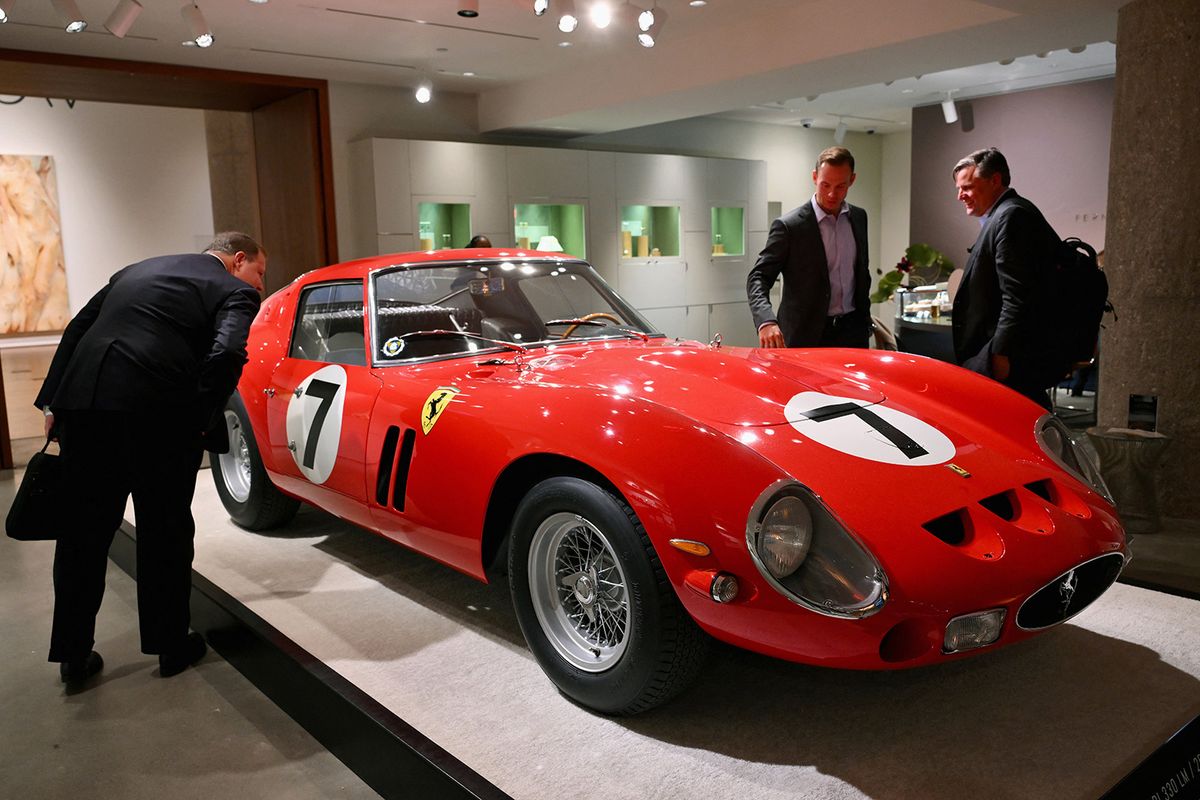 A 1962 Ferrari 250 GTO, the most valuable car ever offered at auction, is displayed at a preview at Sotheby’s in New York on November 2, 2023. (Photo by ANGELA WEISS / AFP)