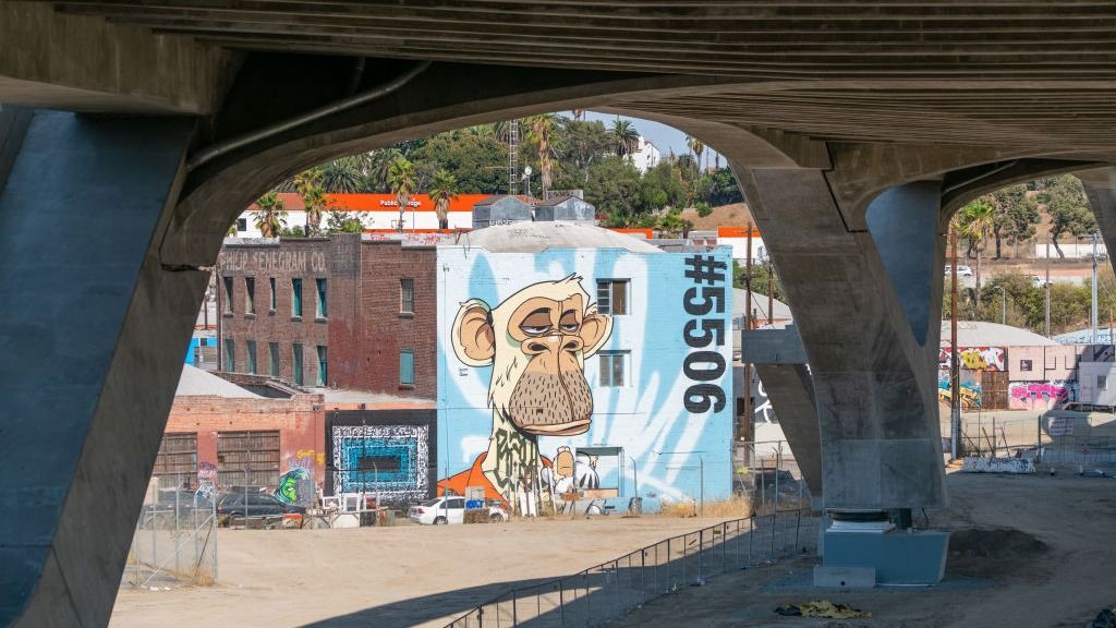 Los Angeles Exteriors And Landmarks - 2022LOS ANGELES, CA - AUGUST 07: General view of graffiti under the 6th Street Viaduct bridge, depicting a Bored Ape Yacht Club NFT on August 07, 2022 in Los Angeles, California.  (Photo by AaronP/Bauer-Griffin/GC Images)
