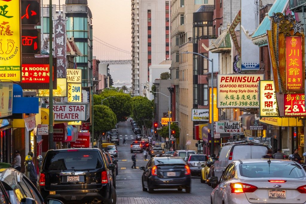 View of neon lights on busy street in Chinatown, San Francisco, California, United States of America, North America