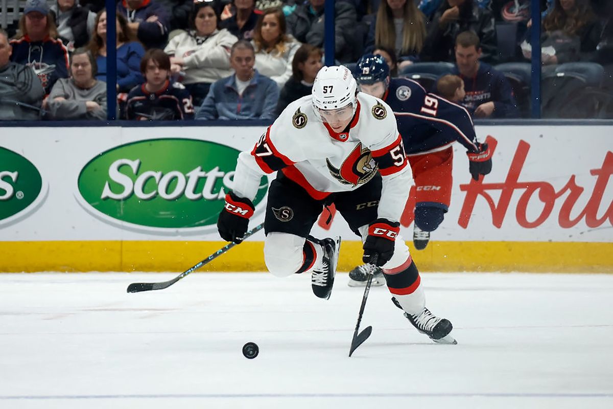Ottawa Senators v Columbus Blue JacketsCOLUMBUS, OH - APRIL 02:  Shane Pinto #57 of the Ottawa Senators skates after the puck during the game against the Columbus Blue Jackets at Nationwide Arena on April 2, 2023 in Columbus, Ohio. (Photo by Kirk Irwin/Getty Images)