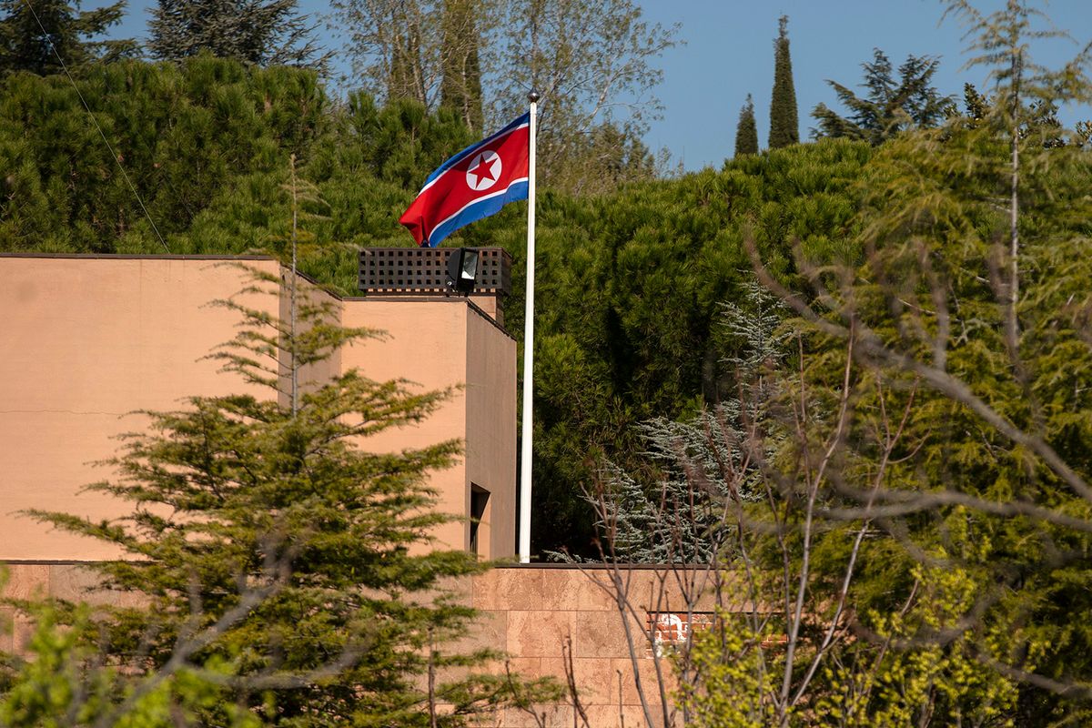 North Korean Embassy In Madrid Raided By Armed Men
MADRID, SPAIN - MARCH 27: A flag of North Korea waves in the wind on a post at the North Korean Embassy on March 27, 2019 in Madrid, Spain. The North Korean Embassy was raided last February by 10 people. According to the High Court judge, the gang interrogated diplomats inside the embassy, stole hardware, and escaped on a flight to New York from Lisbon. Then they allegedly offered the stolen data to the FBI. The Spanish authorities have identified seven of them. (Photo by Pablo Blazquez Dominguez/Getty Images)