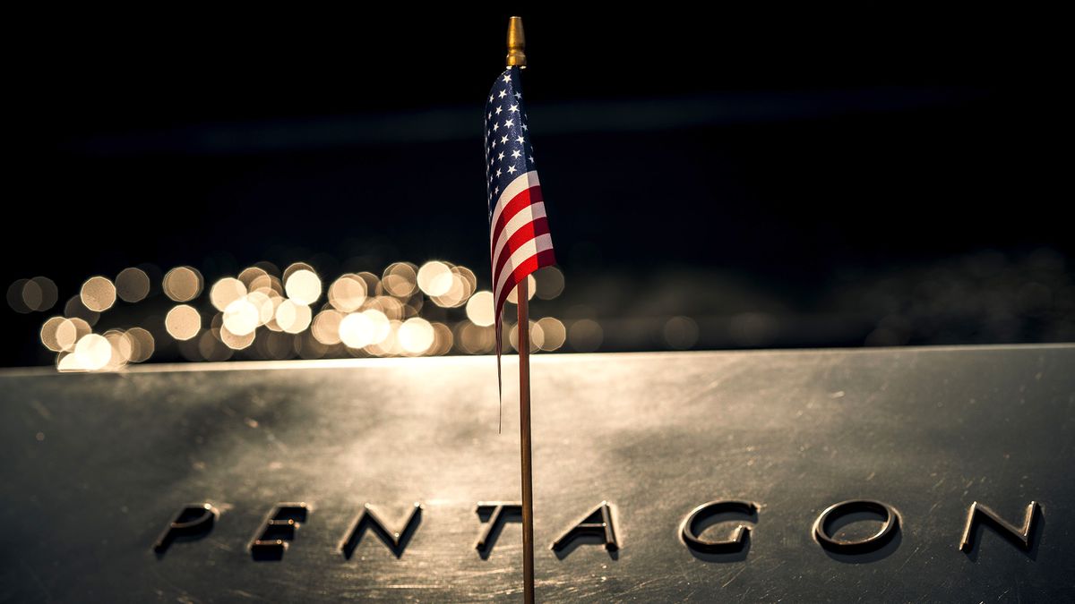 Close-up,Of,An,American,Flag,Draped,Across,The,Iconic,Pentagon