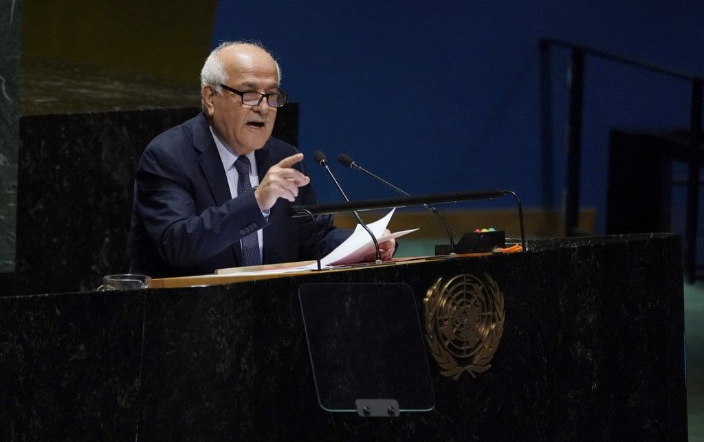 Ambassador Riyad Mansour, the Permanent Observer of the State of Palestine to the United Nations speaks during the 10th Emergency Special Session (resumed) 39th plenary meeting on the Israeli-Palestinian conflict at the United Nations, in New York, October 26, 2023. Hamas's armed wing said Thursday that "almost 50" Israeli hostages held by its militants in the Gaza Strip have been killed since Israel began bombarding the Palestinian territory. (Photo by TIMOTHY A. CLARY / AFP)