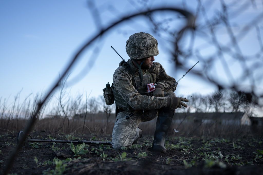 Military mobility of the Ukrainian soldiers in UkraineKHERSON, UKRAINE - NOVEMBER 09: Sapers of Ukrainian armed forces inspect an area for mines and unexploded shells as Russia - Ukraine war continues, near Kherson, in Kherson region, Ukraine on November 9, 2023. (Photo by Viacheslav Ratynskyi/Anadolu via Getty Images)