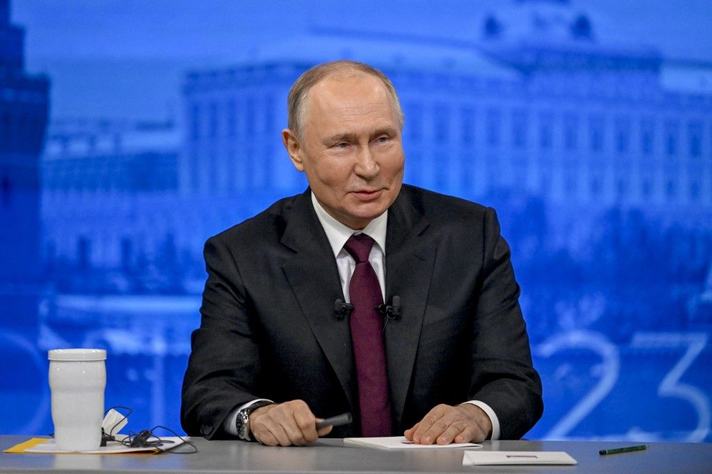 Russian President Putin's annual special televised question-and-answer session and year-end news conferenceMOSCOW, RUSSIA - DECEMBER 14: Russian President Vladimir Putin attends annual special televised question-and-answer session and year-end news conference scheduled to take place at the Gostiny Dvor trade and exhibition centre in Moscow, Russia on December 14, 2023. Sefa Karacan / Anadolu (Photo by SEFA KARACAN / ANADOLU / Anadolu via AFP)