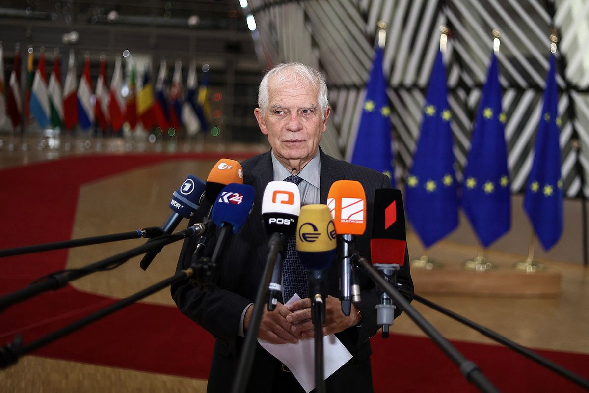 European Commission vice-president in charge for High-Representative of the Union for Foreign Policy and Security Policy Josep Borrell speaks to journalists as he arrives for a Foreign Affairs Council (FAC) at the EU headquarters in Brussels on December 11, 2023. (Photo by Kenzo TRIBOUILLARD / AFP)