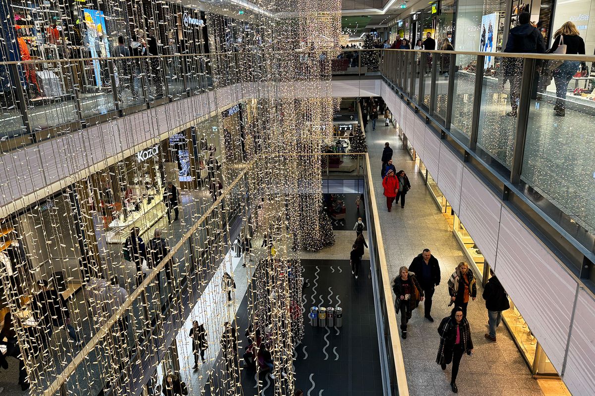 Christmas decorations are seen at the shopping mall in Krakow, Poland on December 16, 2023. (Photo by Jakub Porzycki/NurPhoto) (Photo by Jakub Porzycki / NurPhoto / NurPhoto via AFP)