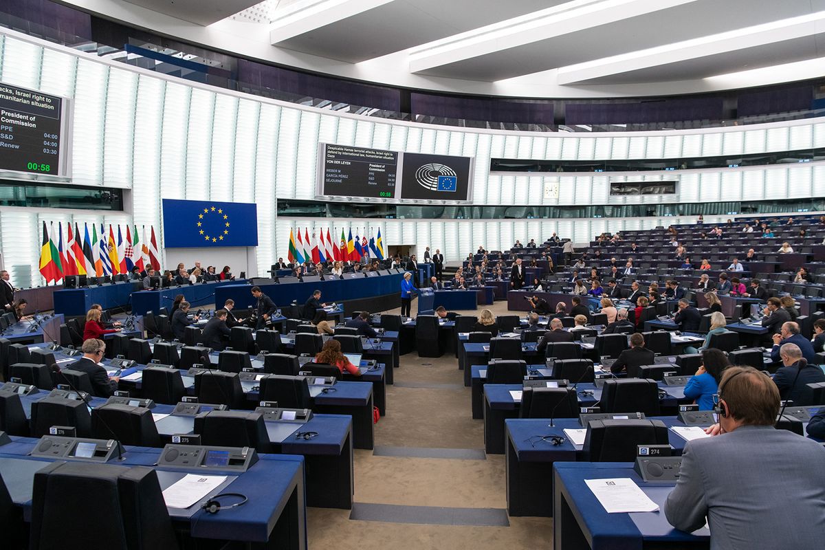 France, Strasbourg, 2023-10-18. College Members Participation at the Plenary Session of the European Parliament In the Strasbourg. General view of the plenary session. Photography by Valentine Zeler.France, Strasbourg, 2023-10-18. Participation des membres du College a la session pleniere du Parlement europeen a Strasbourg. Vue generale de la session pleniere. Photographie de Valentine Zeler. (Photo by Union Europeenne / Hans Lucas / Hans Lucas via AFP)