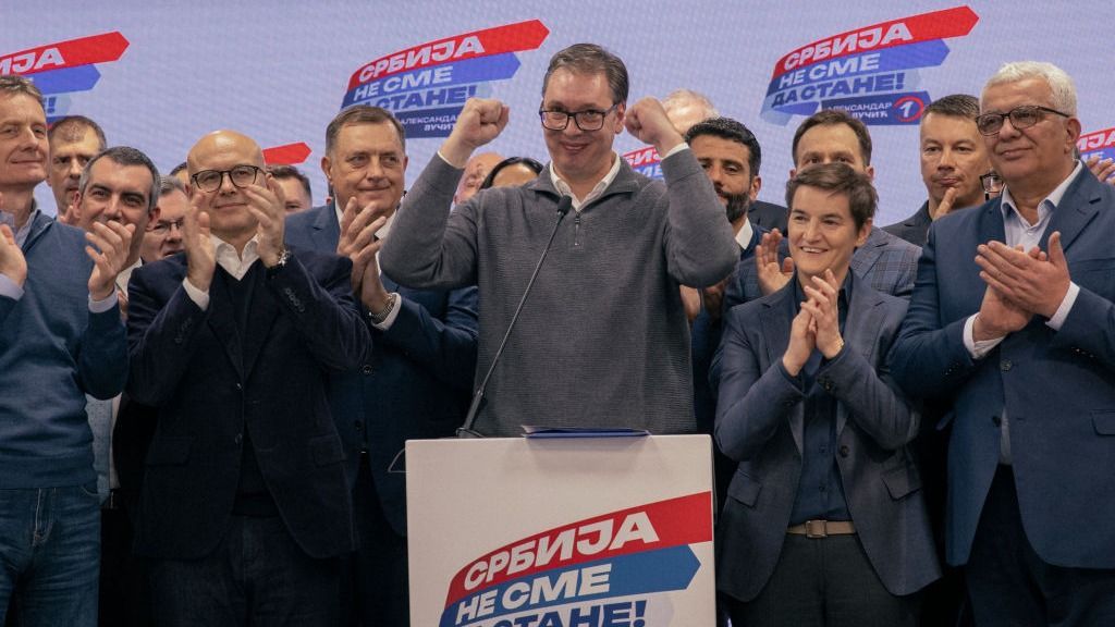 Snap Elections In Serbia Amid Heavy Political ScrutinyBELGRADE, SERBIA - DECEMBER 17: Serbian President, Aleksandar Vucic, addresses the media at the headquarters of Srpska Napredna Stranka (Serbian Progressive Party) on December 17, 2023 in Belgrade, Serbia. Serbian Prime Minister, Ana Brnabic and her party claimed victory upon the closing of polling stations nationwide on Parliamentary election day. (Photo by Vladimir Zivojinovic/Getty Images)