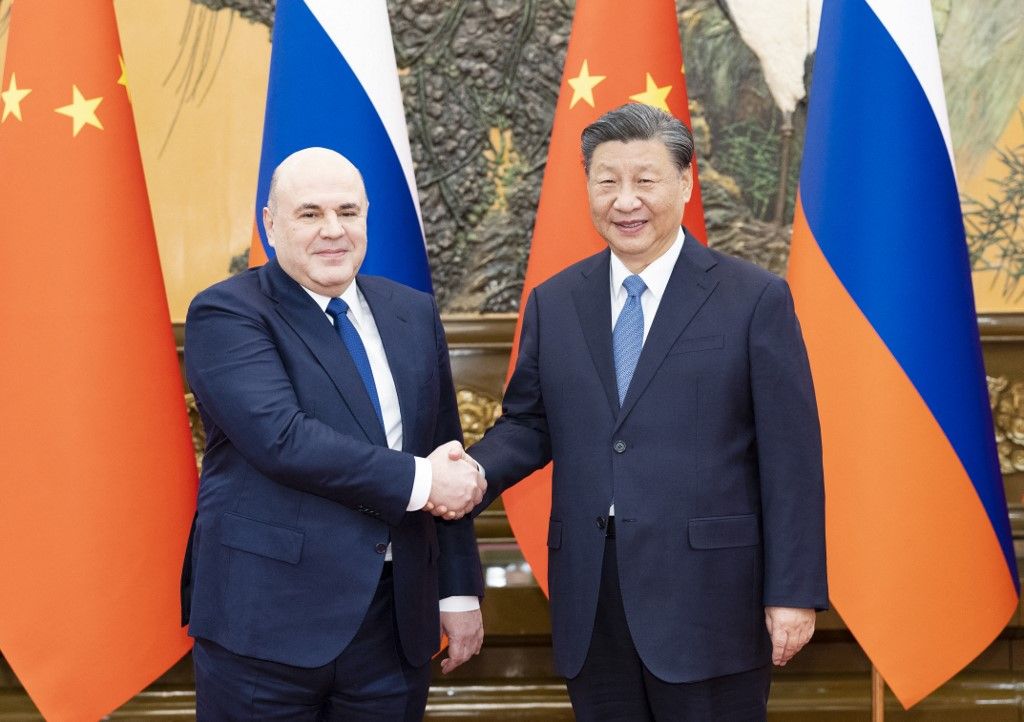 CHINA-BEIJING-XI JINPING-RUSSIAN PM-MEETING (CN)(231220) -- BEIJING, Dec. 20, 2023 (Xinhua) -- Chinese President Xi Jinping meets with Prime Minister of the Russian Federation Mikhail Mishustin in Beijing, capital of China, Dec. 20, 2023. (Xinhua/Huang Jingwen) (Photo by Huang Jingwen / XINHUA / Xinhua via AFP)