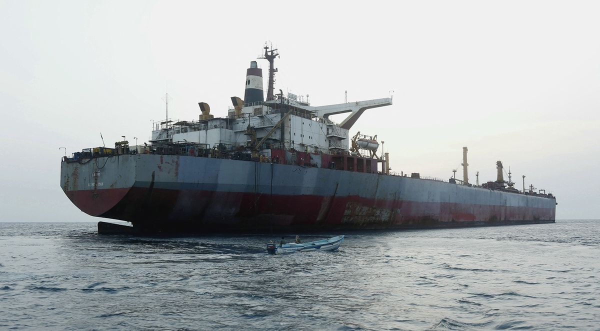 AL HUDAYDAH, YEMEN - JULY 15: A view of decaying FSO Safer oil tanker anchored 60 kilometers (37 miles) north of the port of Hudaydah, Yemen on July 15, 2023. The UN starts a ship-to-ship transfer of over a million barrels of crude oil from a decaying vessel off the coast of war-torn Yemen, a move intended to avert a major oil leak. Under the control of Houthi rebels, the tanker has not undergone maintenance since 2015 and more than 1 million barrels of crude oil have been sitting in the decaying vessel in the Red Sea. Mohammed Hamoud / Anadolu Agency (Photo by Mohammed Hamoud / ANADOLU AGENCY / Anadolu via AFP)